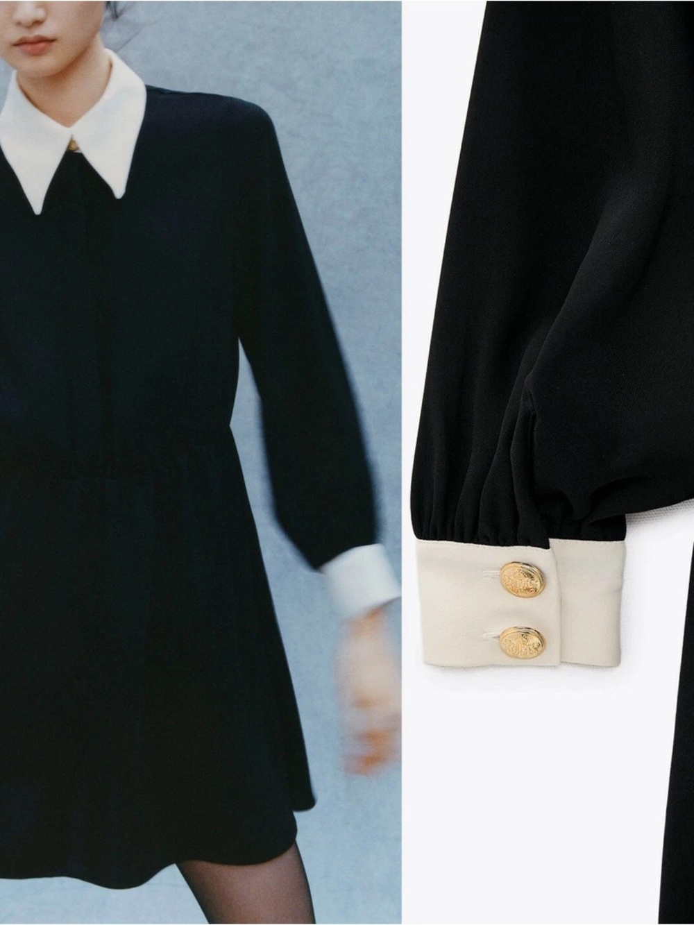 Zara Black and Cream Long-Sleeve Collar Dress